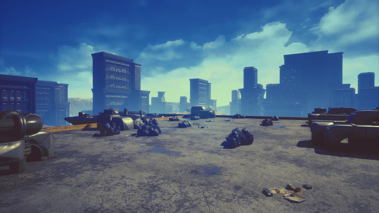 Urban rooftop view showcasing city skyline under a bright blue sky