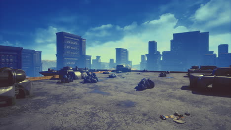 urban rooftop view showcasing city skyline under a bright blue sky