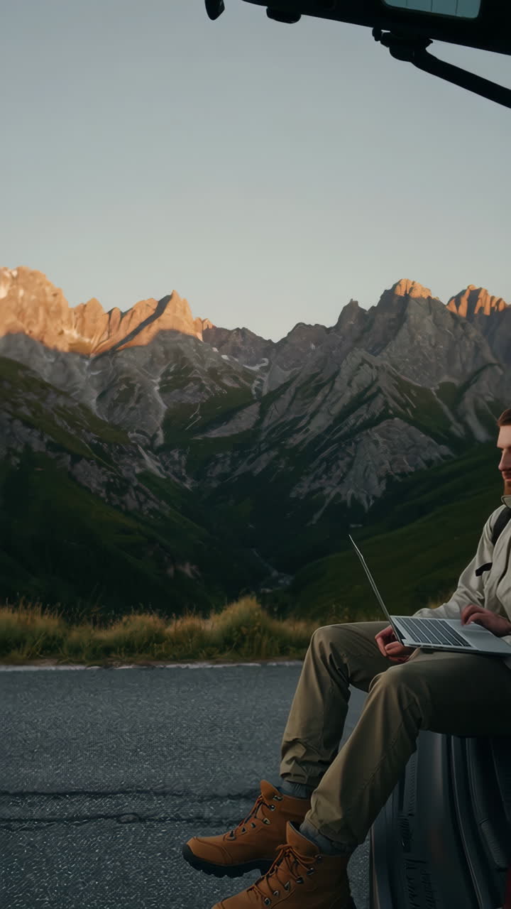 Digital Nomad Working Remotely in Mountain Landscape from Car
