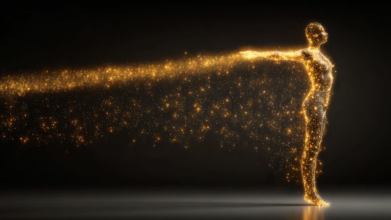 Una silhouette eterea di una figura umana illuminata da particelle dorate, che cattura l'essenza della trasformazione e dell'energia in una straordinaria rappresentazione visiva.