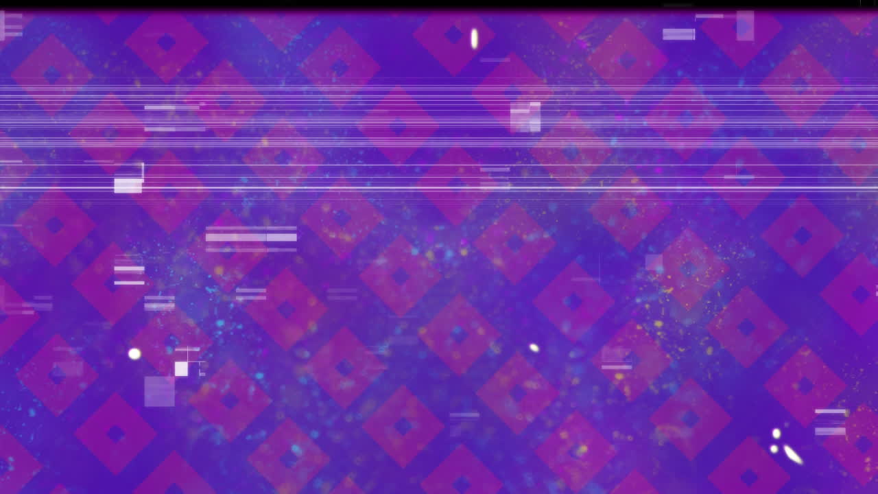 밝은 보라색 사각형의 여러 줄을 보여주는 고통받는 빈티지 영화의 애니메이션
