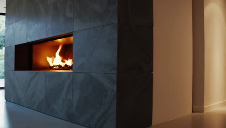 modern living room with stone fireplace