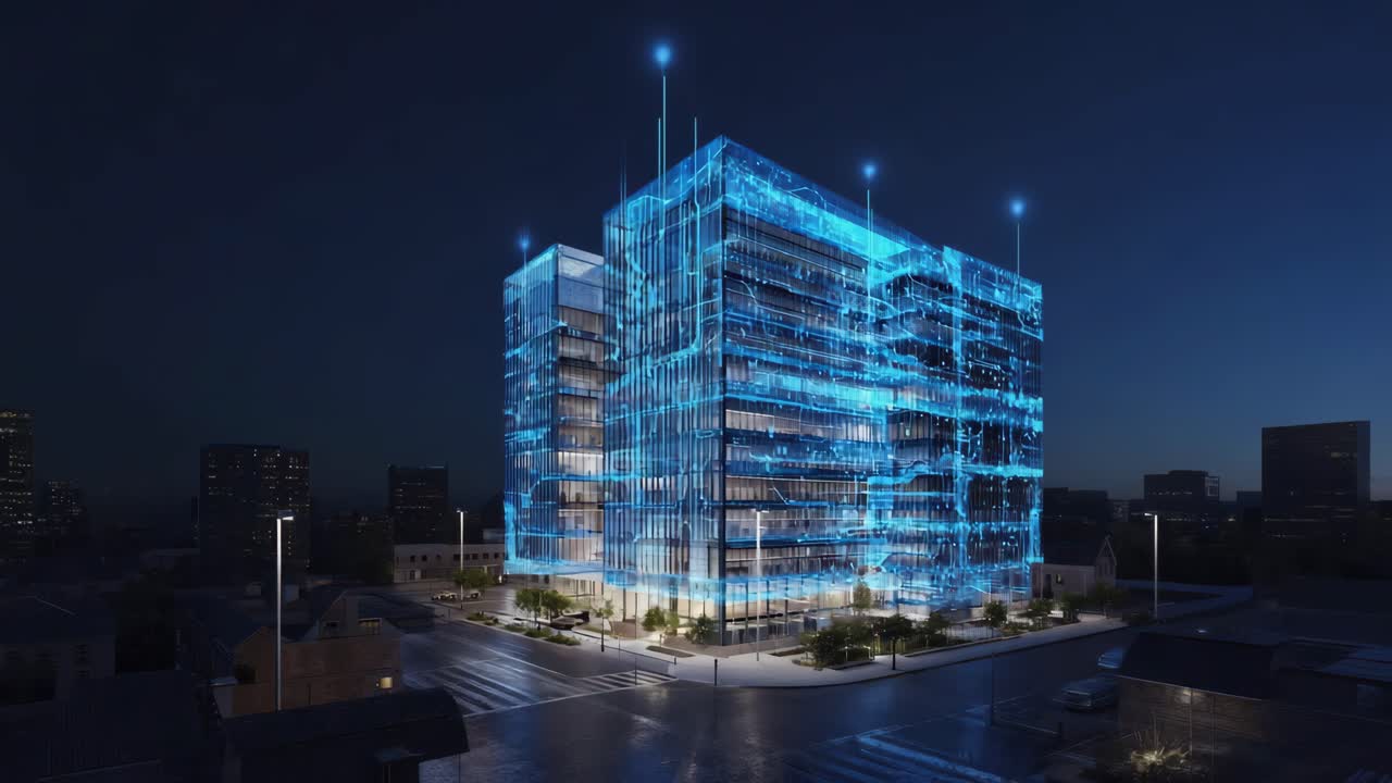 Futuristic Smart Building with Digital Network Overlay at Night