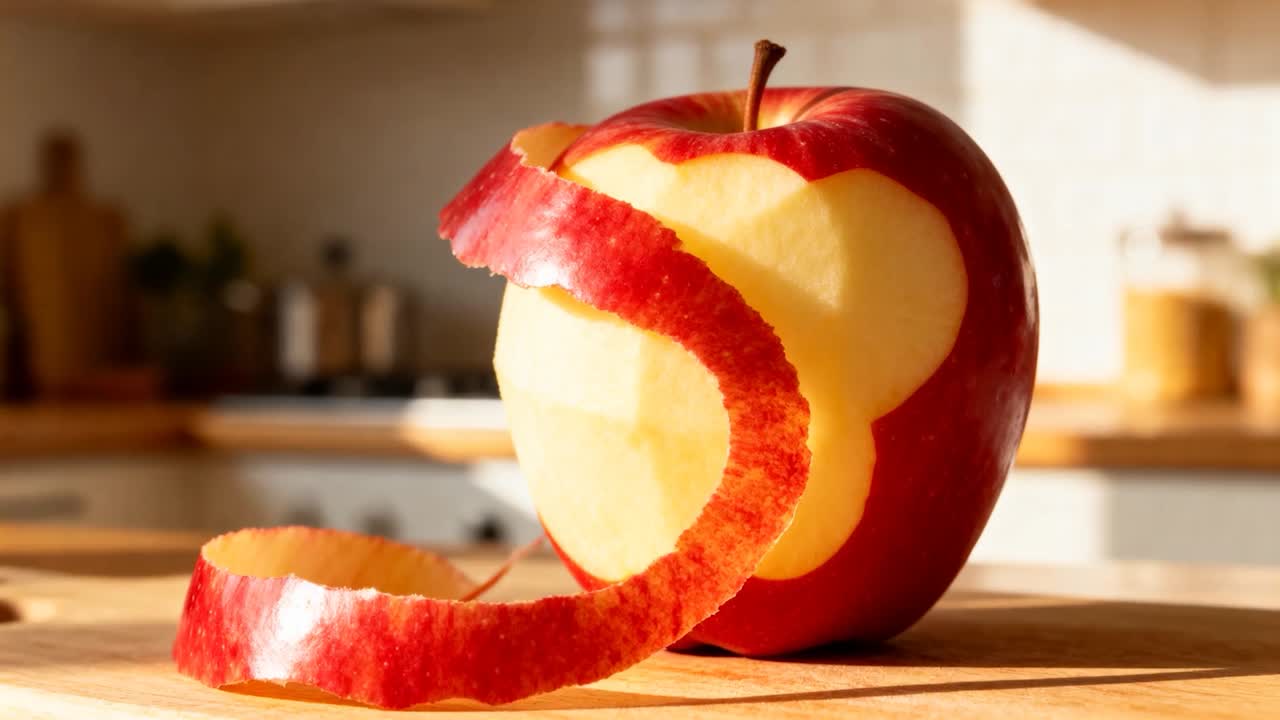 Detaching peel unwinding, revealing heart shape on red apple on wooden cutting board, sunlight