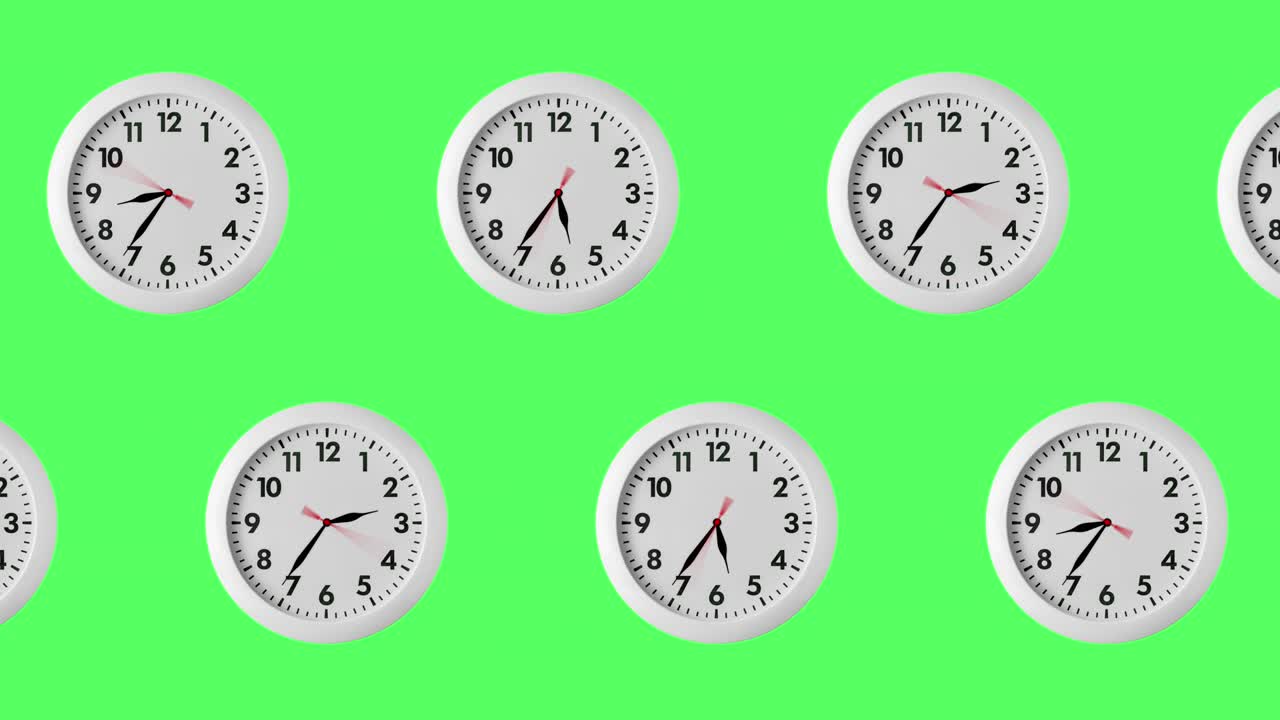 seamless looping animation with two rows of white wall clocks. arrows spin clockwise. chroma key or green screen background with copy space