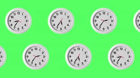 seamless looping animation with two rows of white wall clocks. arrows spin clockwise. chroma key or green screen background with copy space