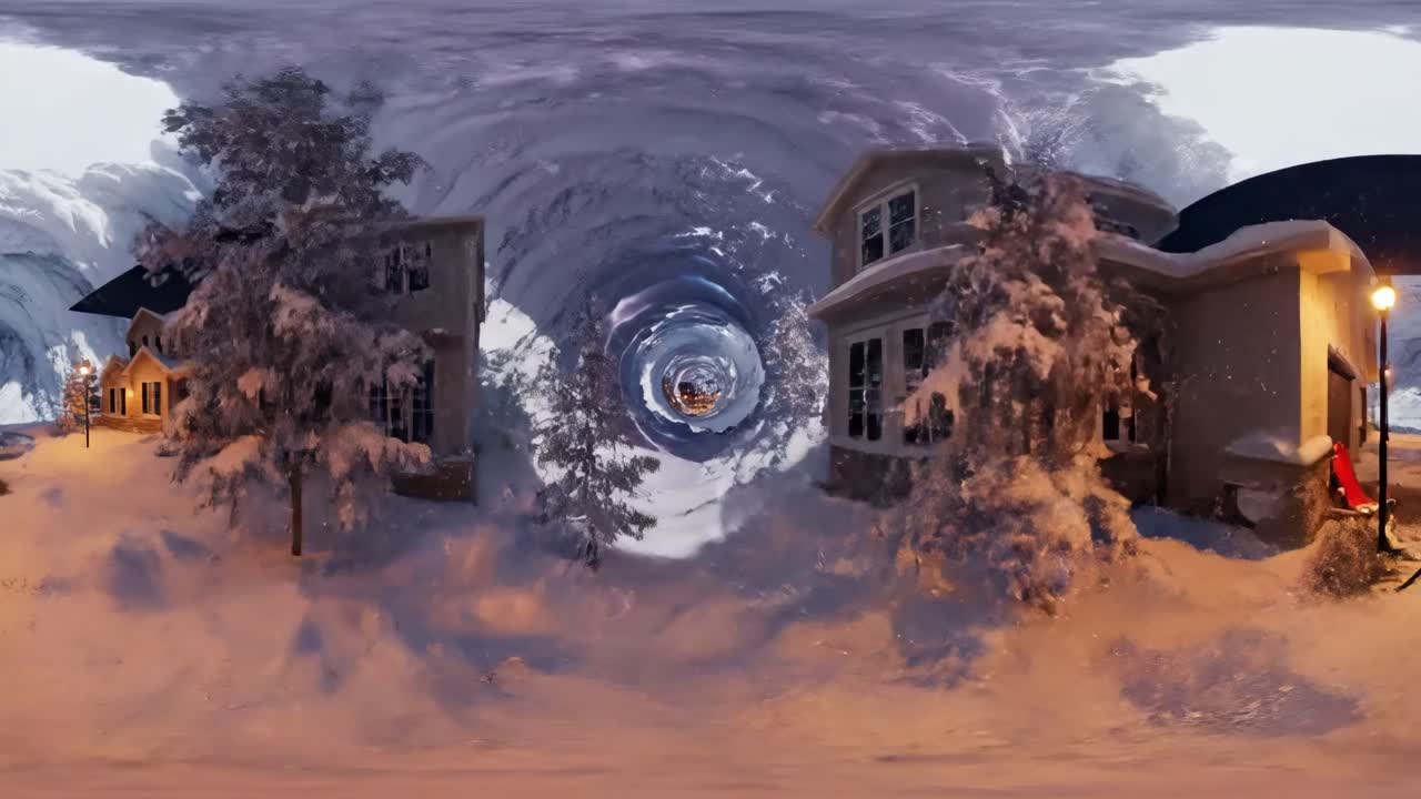 Immersive 360 VR of Houses in a Magical Snow Vortex