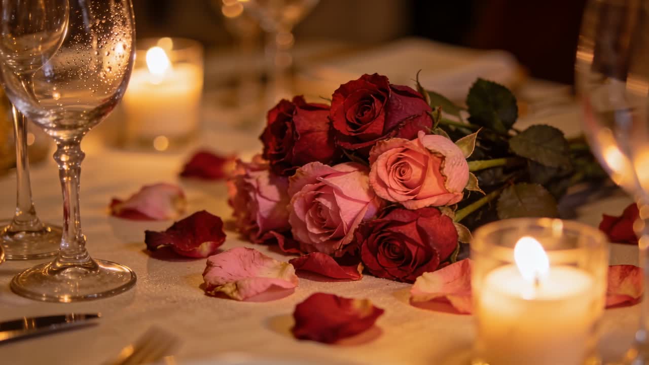 Rustend boeket rode en roze rozen op een wit tafelkleed in een restaurant, met een flikkerende kaars bij wijnglazen.