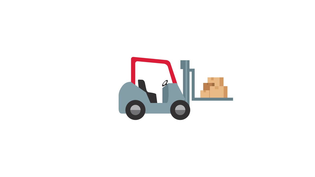 Carrello elevatore animato che carica e trasporta scatole