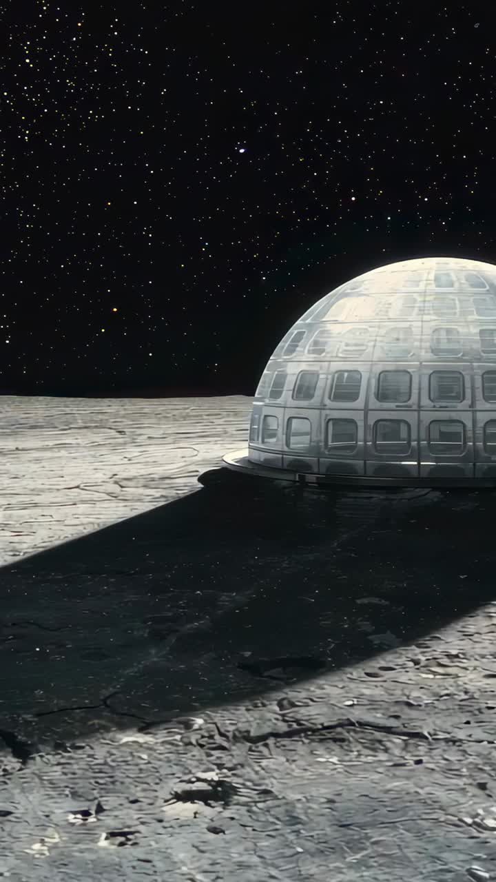 Vídeo vertical: Câmera panorâmica movendo-se em direção à cúpula na planície lunar, destacando a sombra da base dos painéis