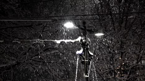 winter snow blizzard at night, urban loop background