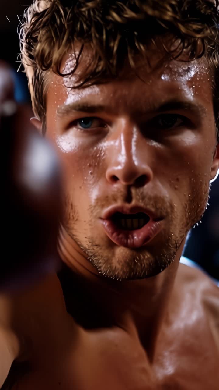 Intensity and Focus: A Boxer Caught Between Triumph and Struggle, Radiating Passion in a Moment of Raw Emotion During a Tense Match