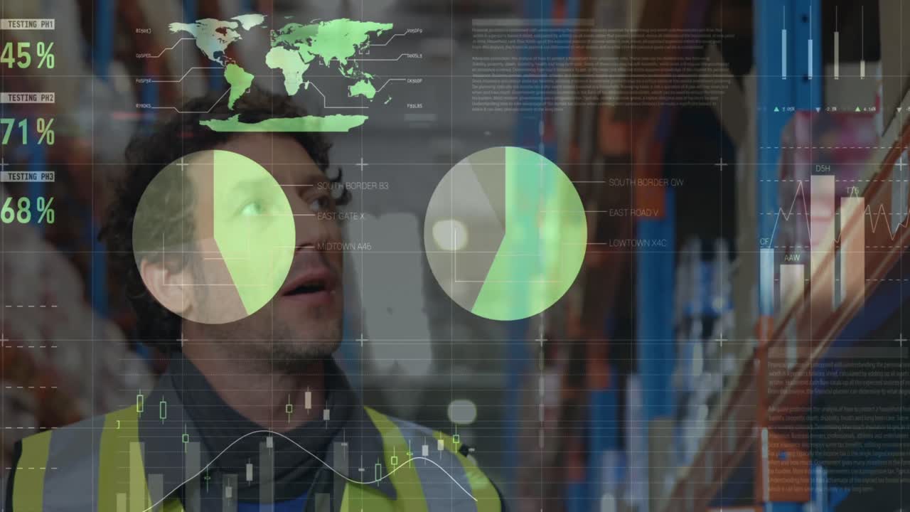 animación de gráficos financieros sobre un trabajador de almacén caucásico