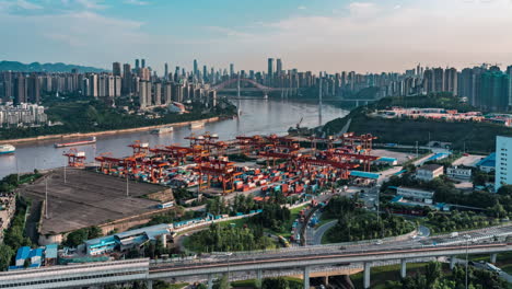 intersection road under flyover near shipyard seaport logistics freight atmospheric terminal port gantry crane operation busy delay, business financial center in modern city