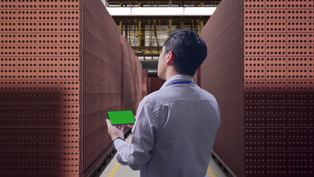 Back View Of An Asian Male Professional Worker Standing With Red Brick Packed in Stacks Are Stored, Checking On Smartphone With Green Screen And Look At The Factory Once