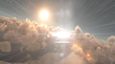 digital animation of bright spot of light against clouds and shining sun in the sky