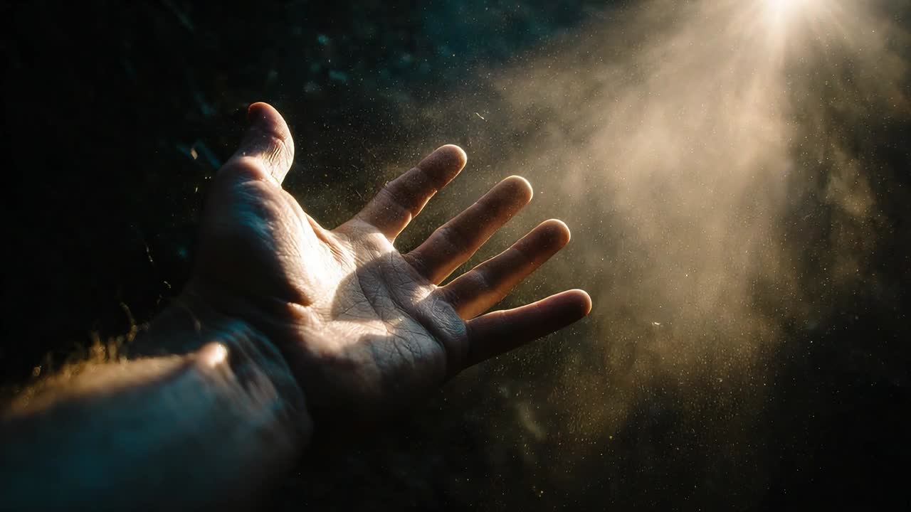 Mano protesa illuminata dalla luce del sole con particelle di polvere fluttuanti