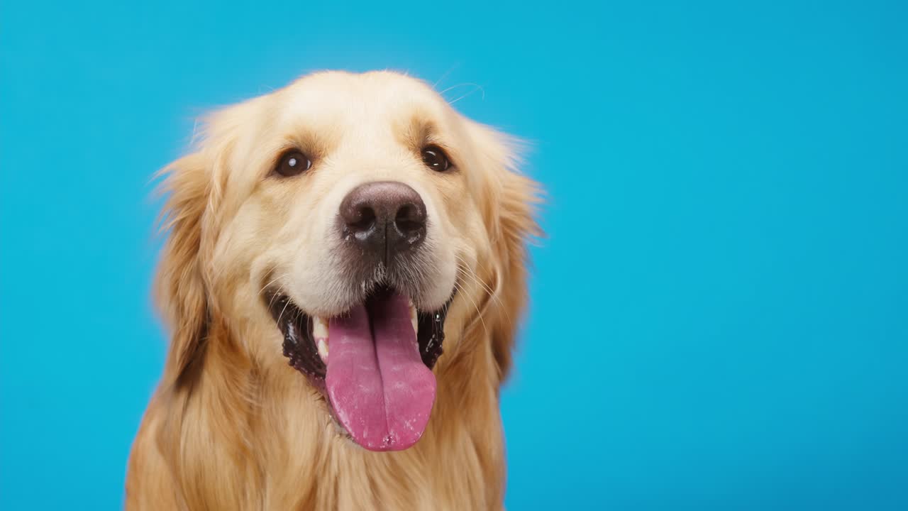파란색 배경에 골든 리트리버, 골드 라브라도르 개, 입을 열고 혀를 고 숨을 쉬고, 머리를 돌리고, 스튜디오에서 반려동물을 촬영합니다.