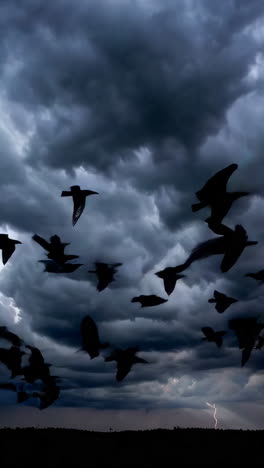 birds flying through a stormy sky