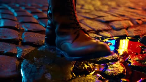 brown leather boots in a city night puddle