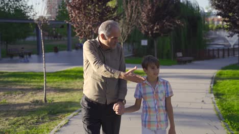 el abuelo está llevando a su nieto a dar un paseo.