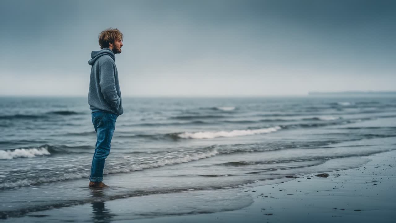 En ensom skikkelse står ved kanten af en tåget kystlinje og reflekterer over livet midt i de rolige vande og den overskyede himmel.