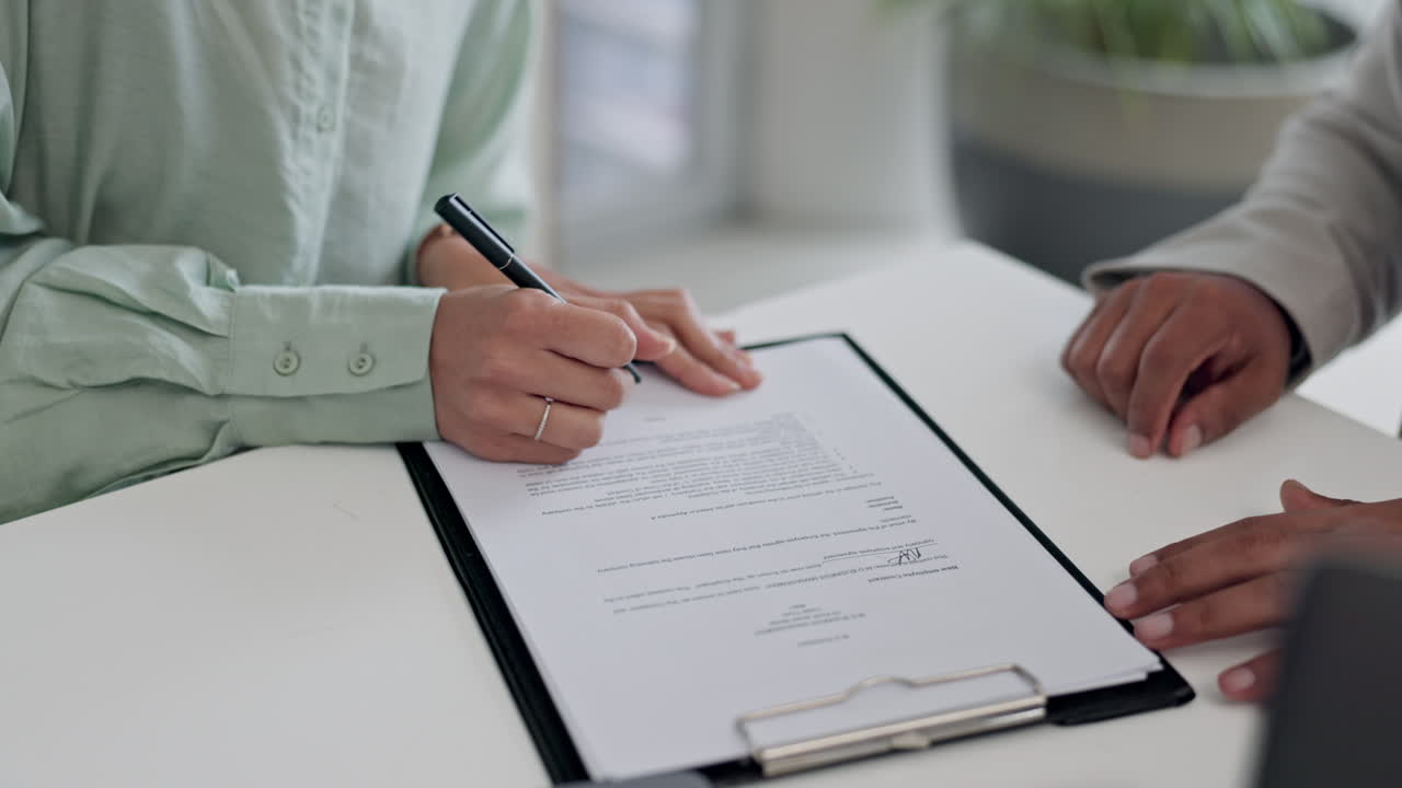 Business people, hands and signature on documents