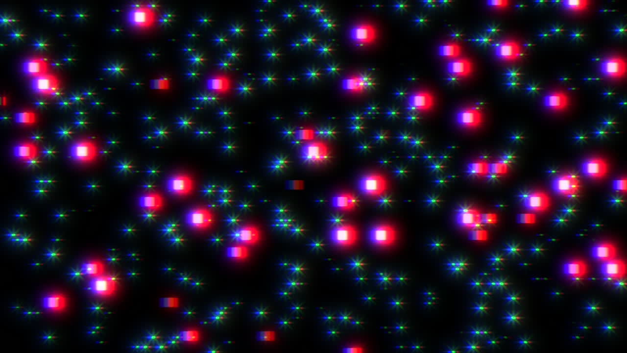 Glowing spiral red and blue dots illuminate the dark