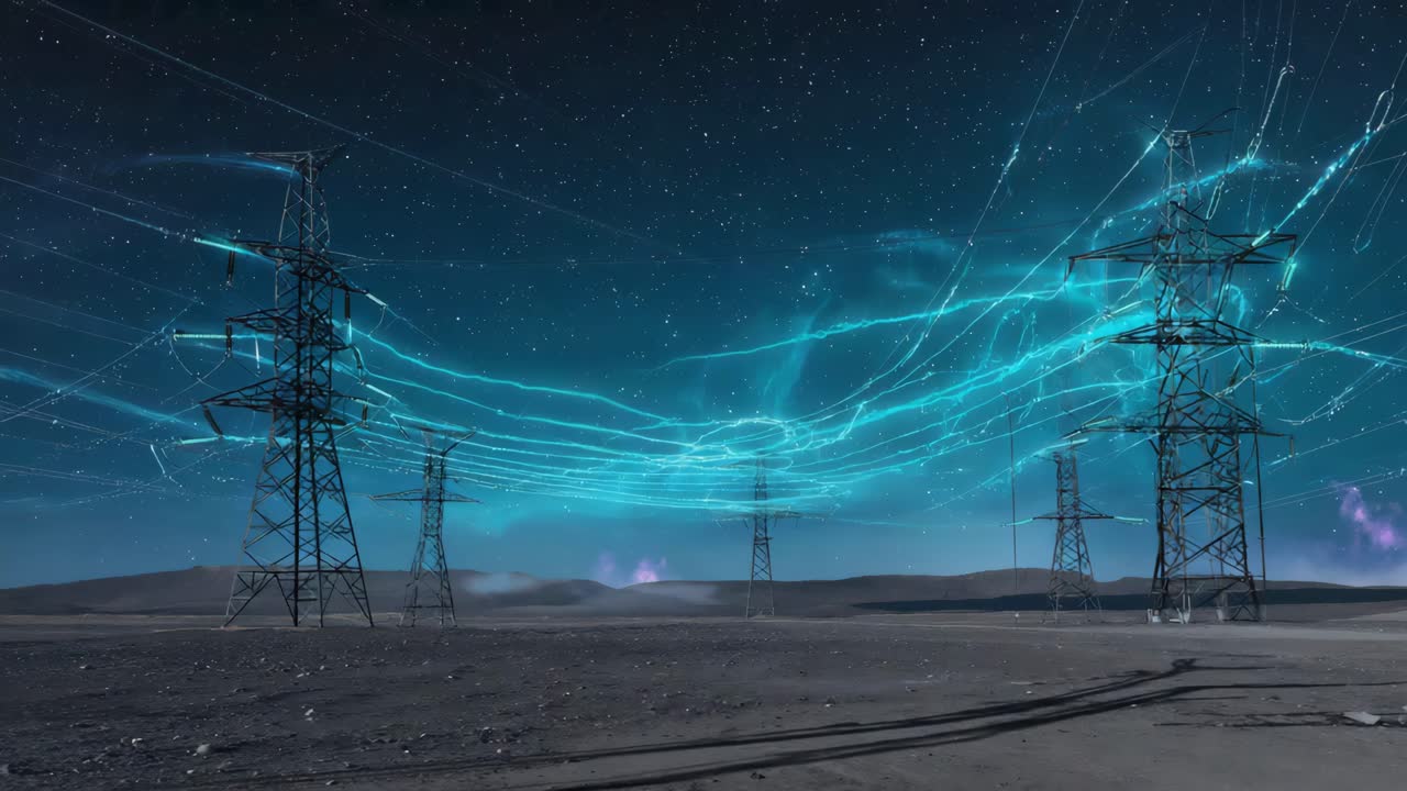 Power Lines and Glowing Energy Connections at Night
