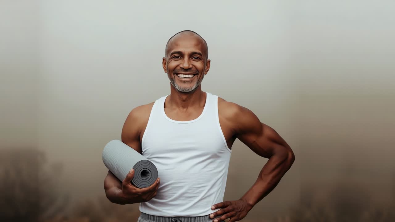 Starting recording fit man holding yoga mat adjusting stance in studio, preparing yoga