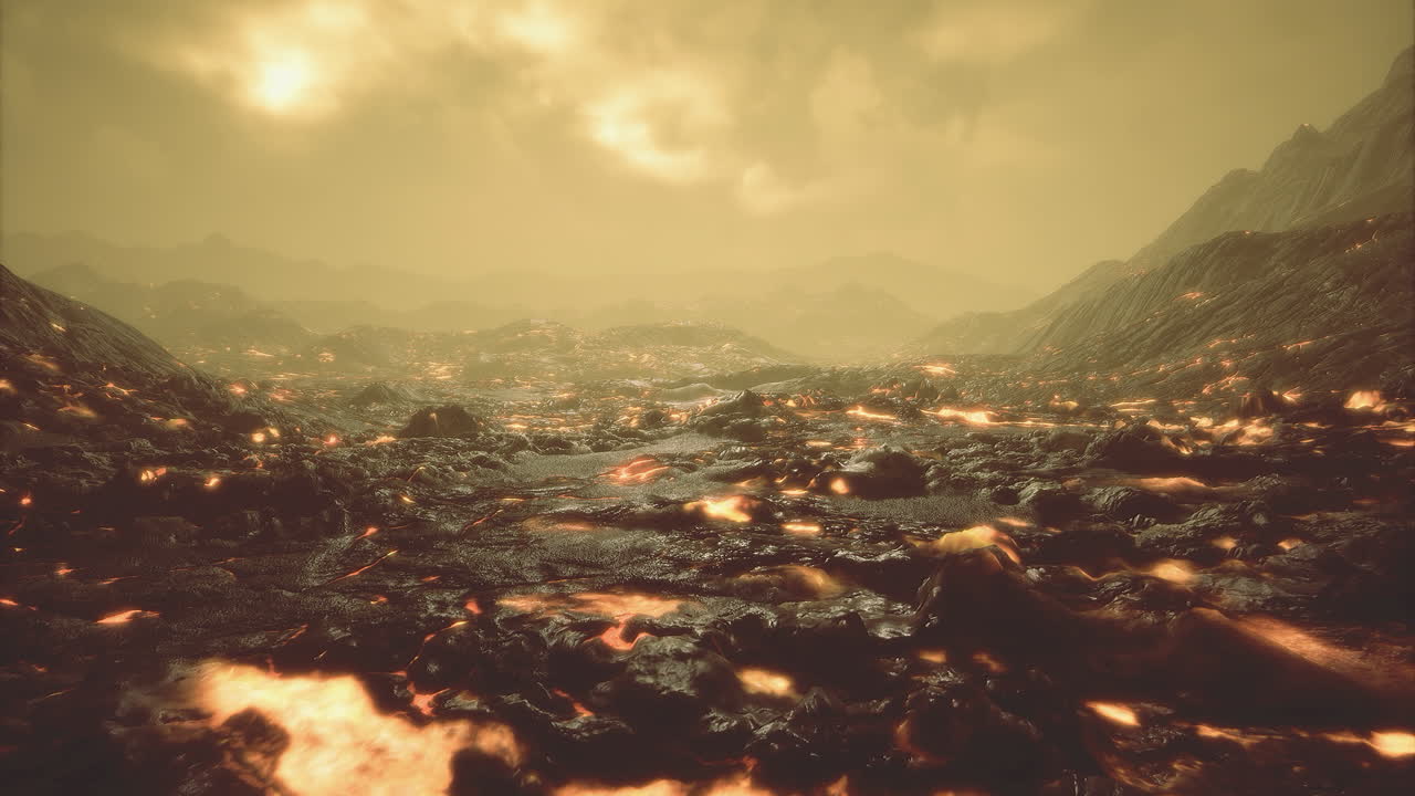 Landscape of molten lava flows under a dramatic sky during sunset