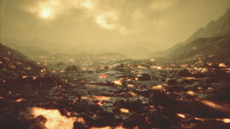 landscape of molten lava flows under a dramatic sky during sunset