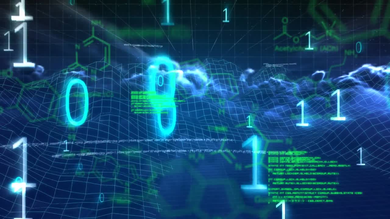 빛나는 녹색 데이터와 파란색 이진 숫자가 구름과 함께 움직이는 배경에 떨어집니다.