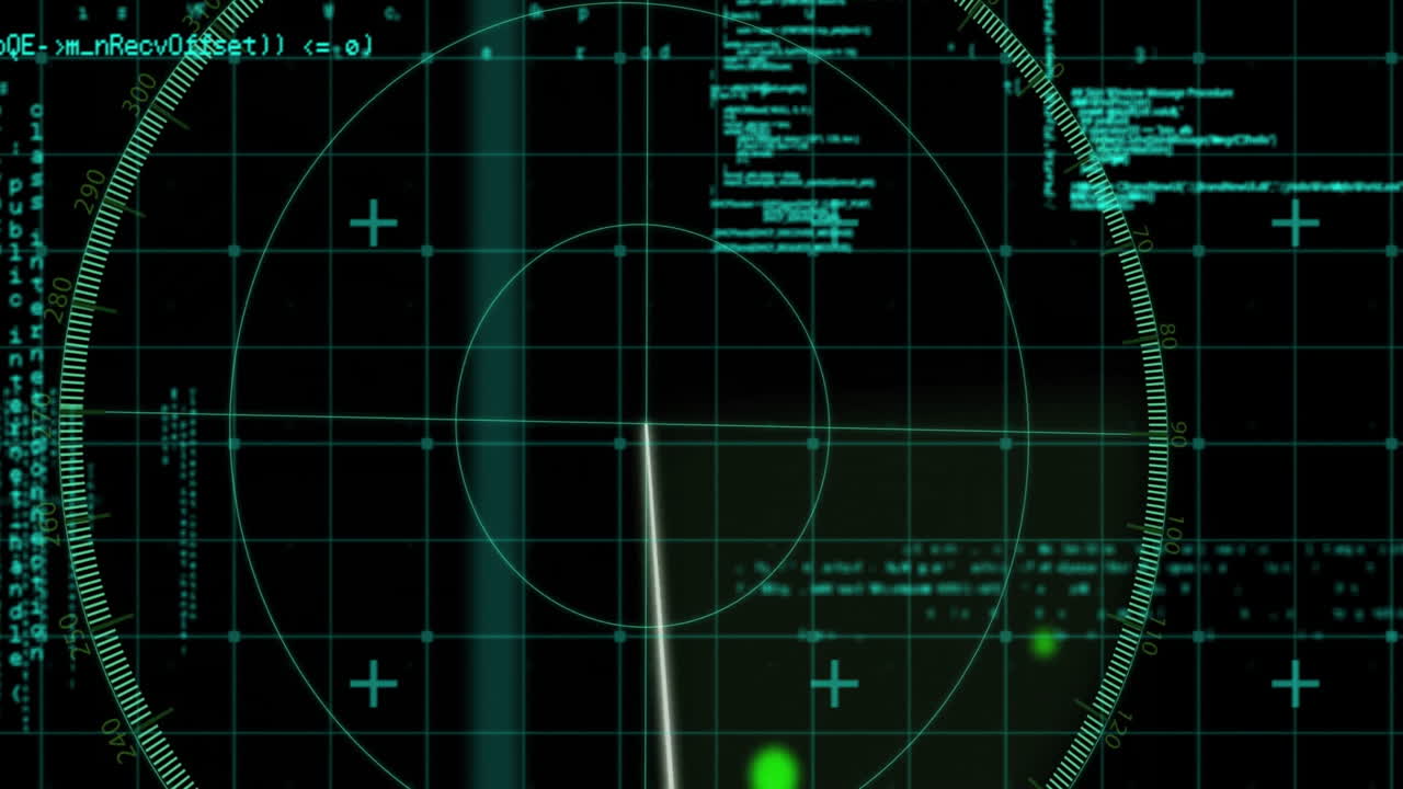 Displaying data and code, digital radar screen in green over black background