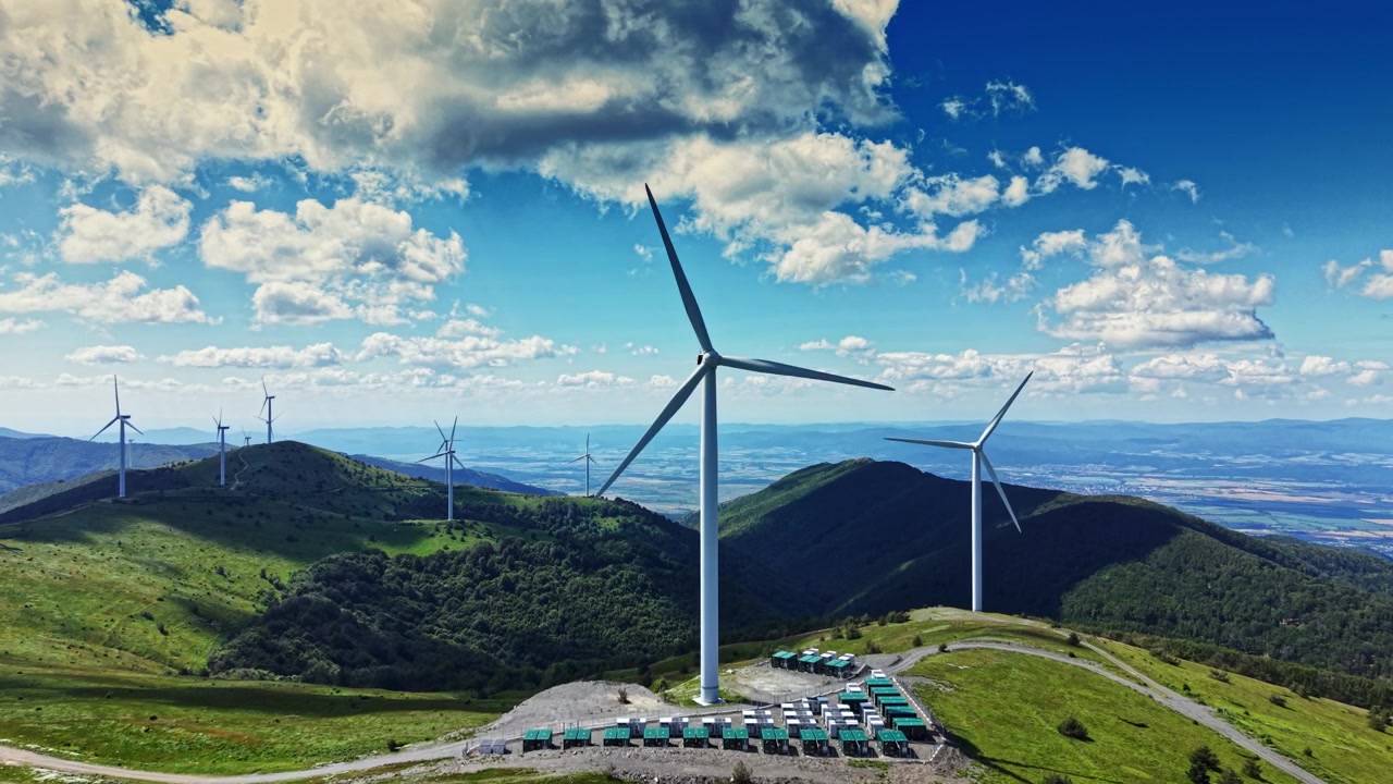 Wind turbines stand on a green hillside under a blue sky with clouds in a rural area during daylight near a valley