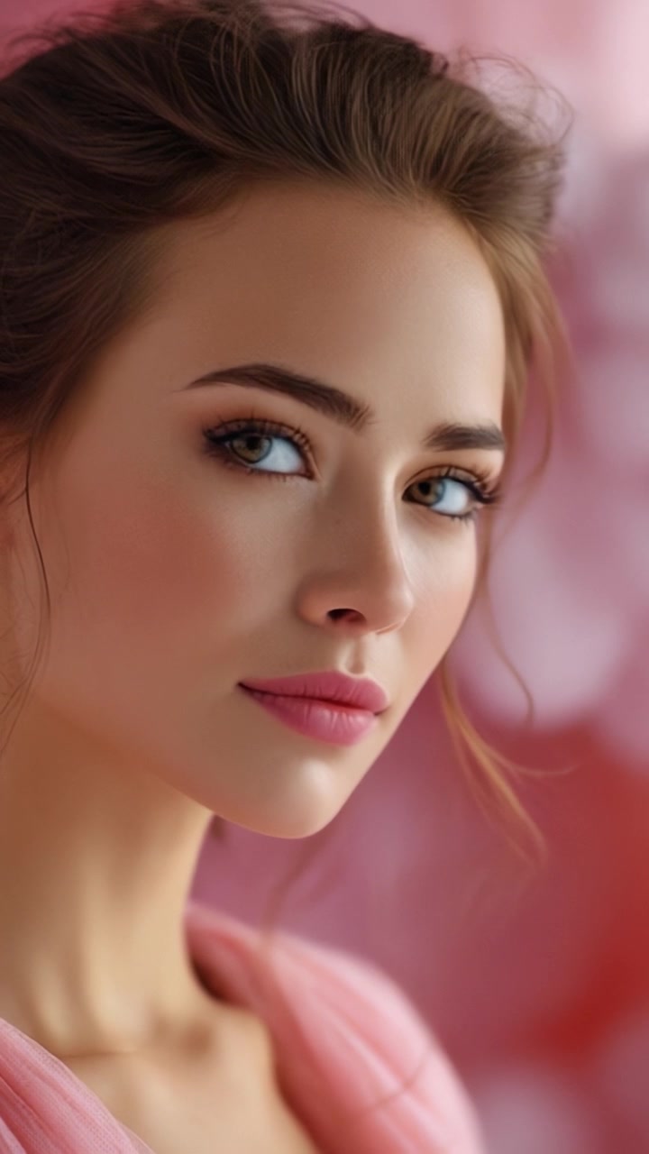 Primo piano accattivante di una giovane donna con pelle radiosa e trucco naturale su uno sfondo rosa tenue, che evidenzia i suoi tratti distintivi e la sua espressione.