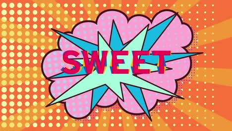 Animation-of-sweet-text-over-pink-retro-comics-shape-on-orange-background