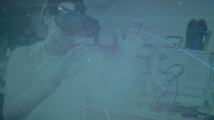 Animazione di rete di connessioni su donna che indossa un visore VR