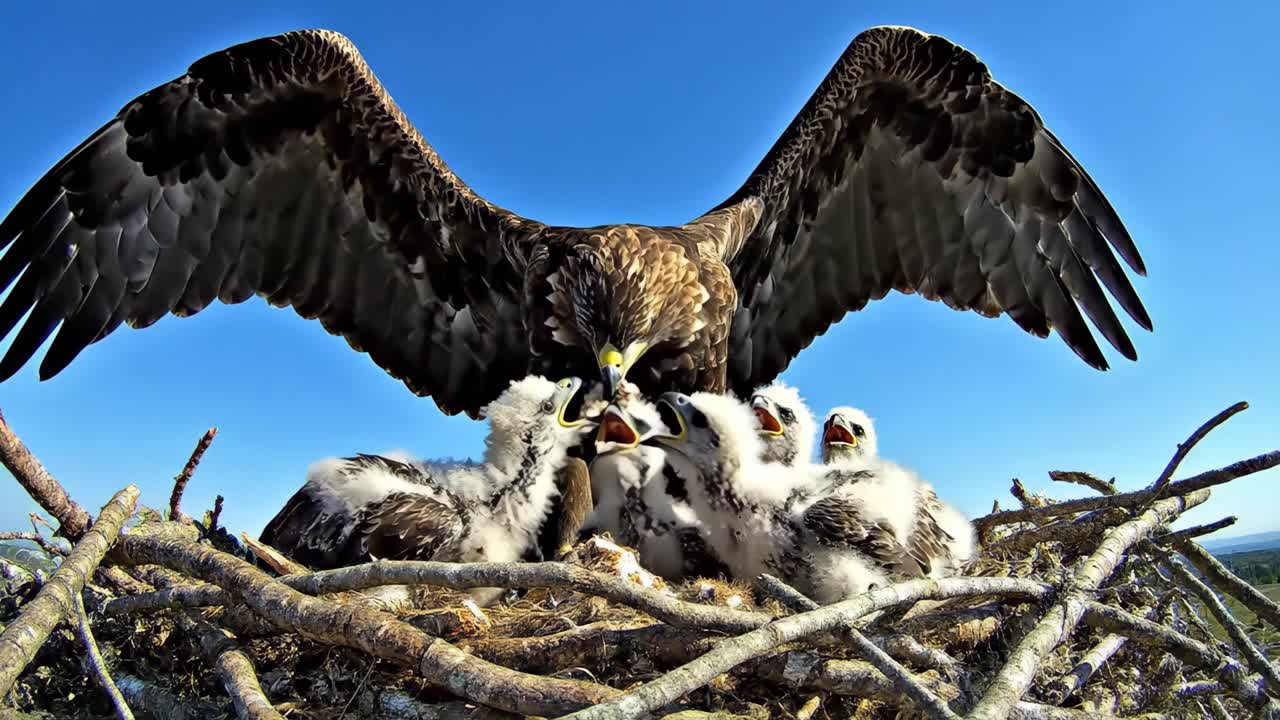 Eagle feeding its chicks in a nest