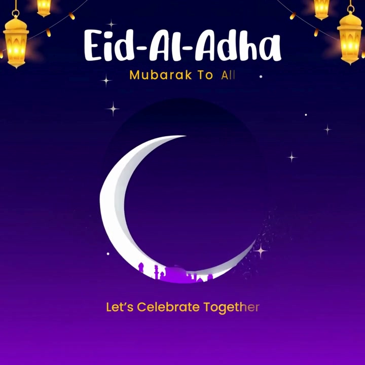 Animazione banner di celebrazione Eid Al Adha con silhouette di capra all'interno di una luna crescente