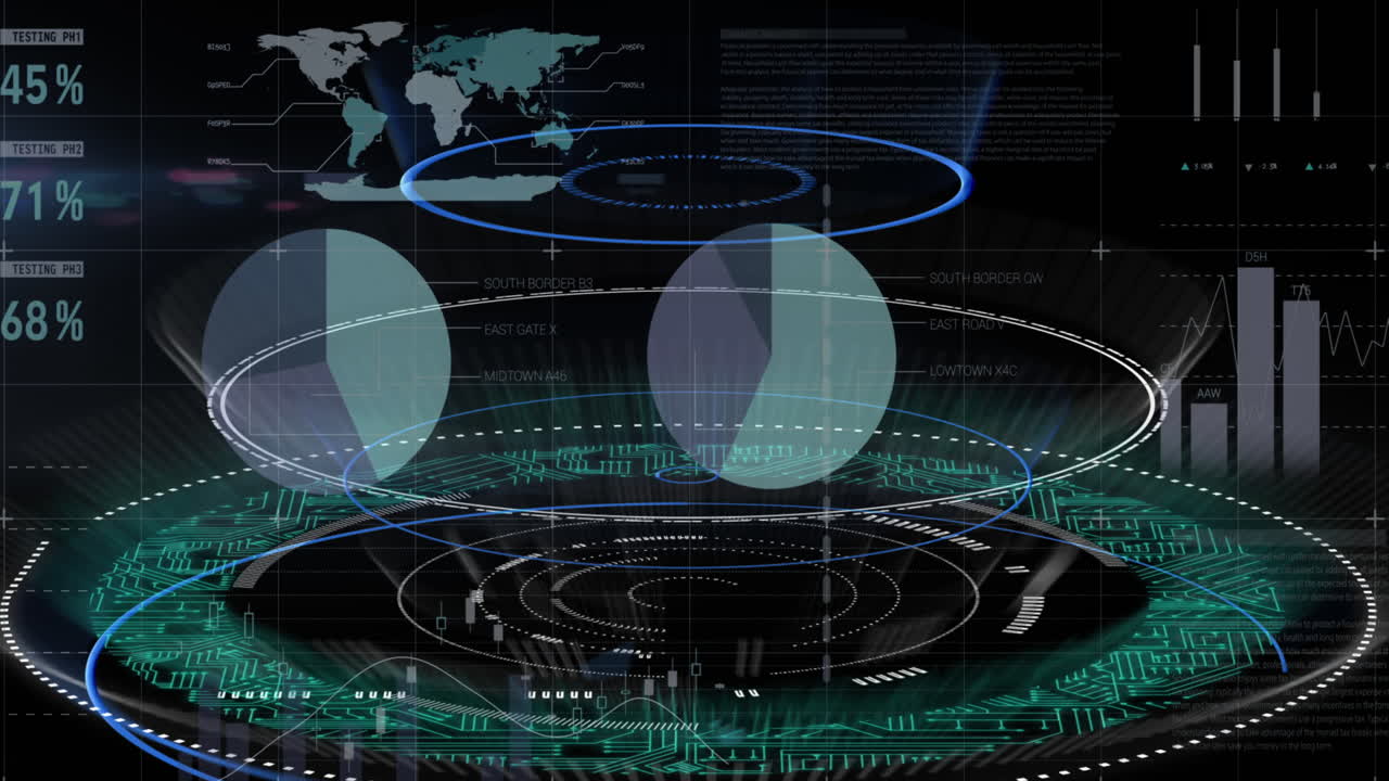 인포그래픽 인터페이스의 애니메이션으로 조명된 회로판 패턴을 원으로 표시합니다.