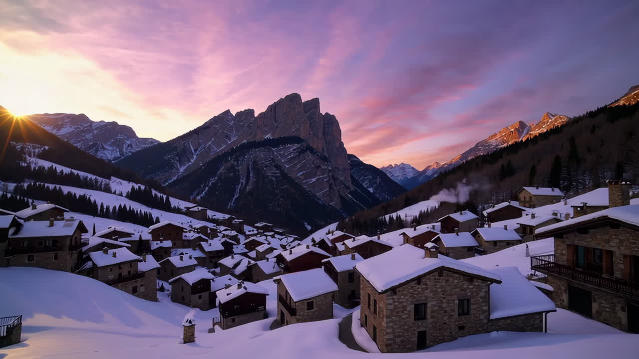 Snowy Village at Sunrise/Sunset in the Italian Alps