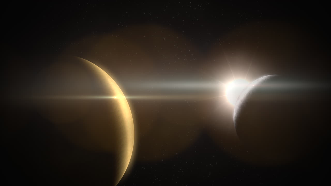 큰 노란색 행성과 은하에서 별의 플래시