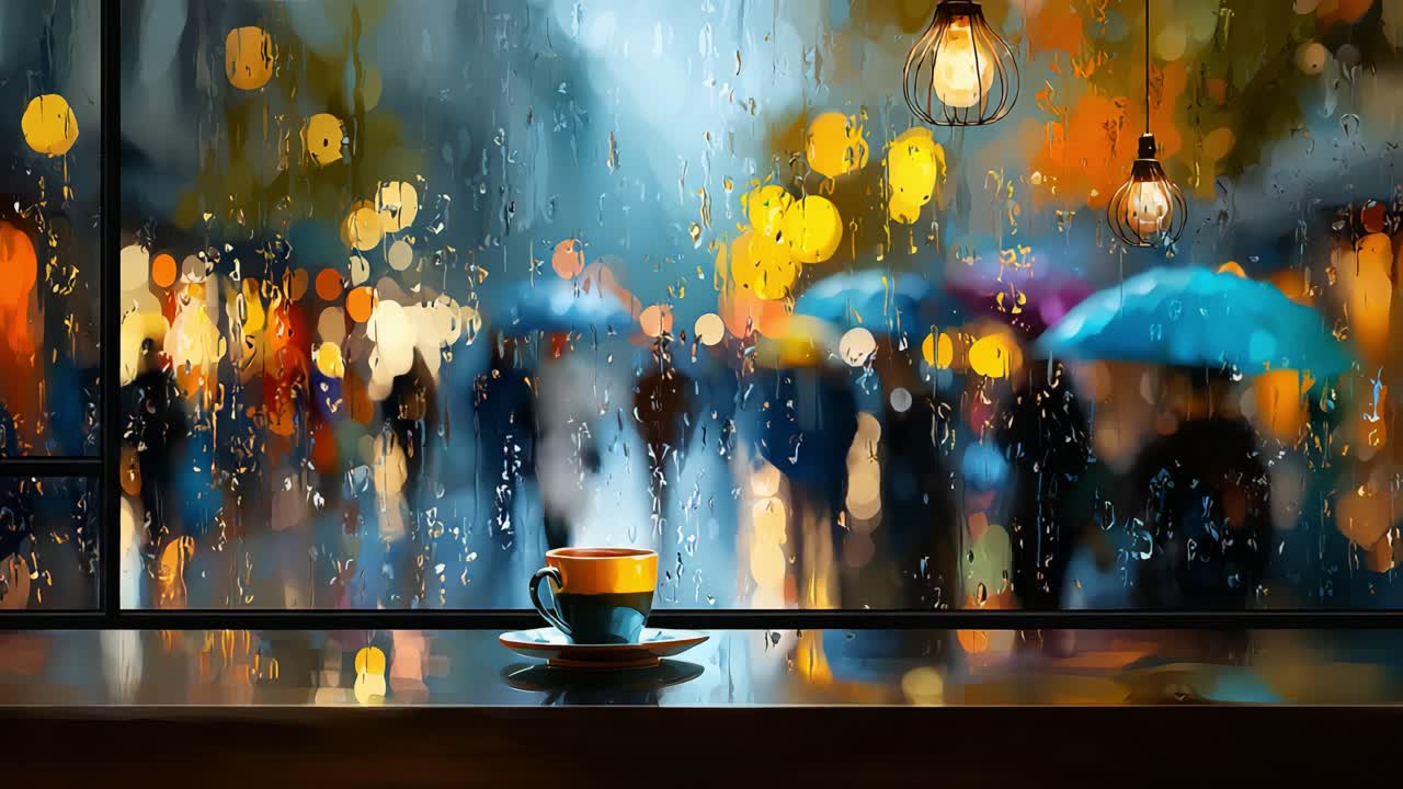 A cozy cafe scene captured through a rain-streaked window, showcasing a steaming cup of coffee and a bustling street filled with colorful umbrellas and golden bokeh lights in the background