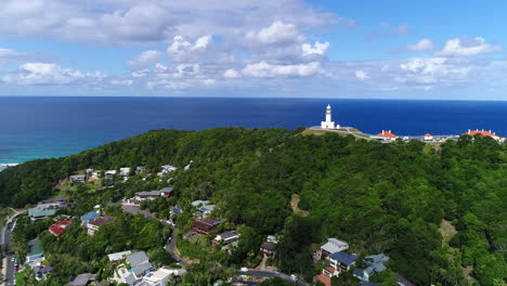 Drohnenaufnahmen-Aus-Der-Luft-Des-Leuchtturms-Von-Bryon-Bay-Mit-Atemberaubendem-Kontrast-Zu-Grün-Und-Blau