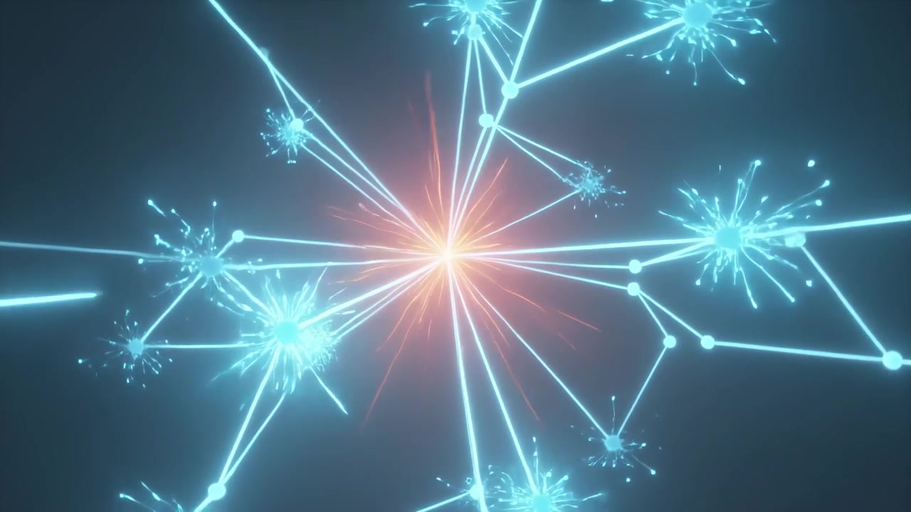 Un nucleo centrale pulsante arancione-rosso che invia sottili raggi in un vuoto digitale scuro, attivando nodi ciano-blu.
