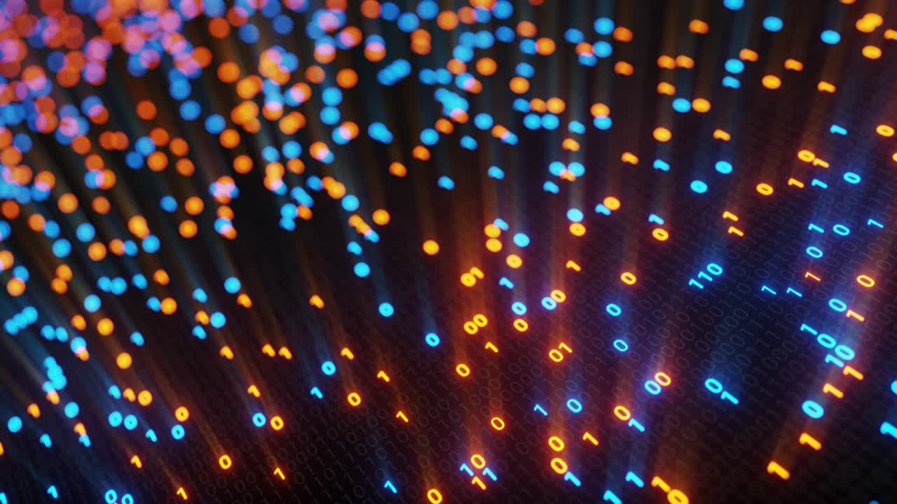 abstract sin costuras azul y naranja código digital binario matriz fondo vj bucle con llamarada.