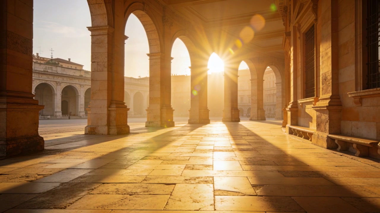 Il sole si sposta attraverso un arco, rivelando un colonnato di pietra in un cortile, creando un bagliore dell'obiettivo e proiettando ombre.