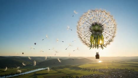 a whimsical journey through the skies: a **dandelion hot air balloon** takes flight, soaring over serene landscapes beneath a beautiful sunset