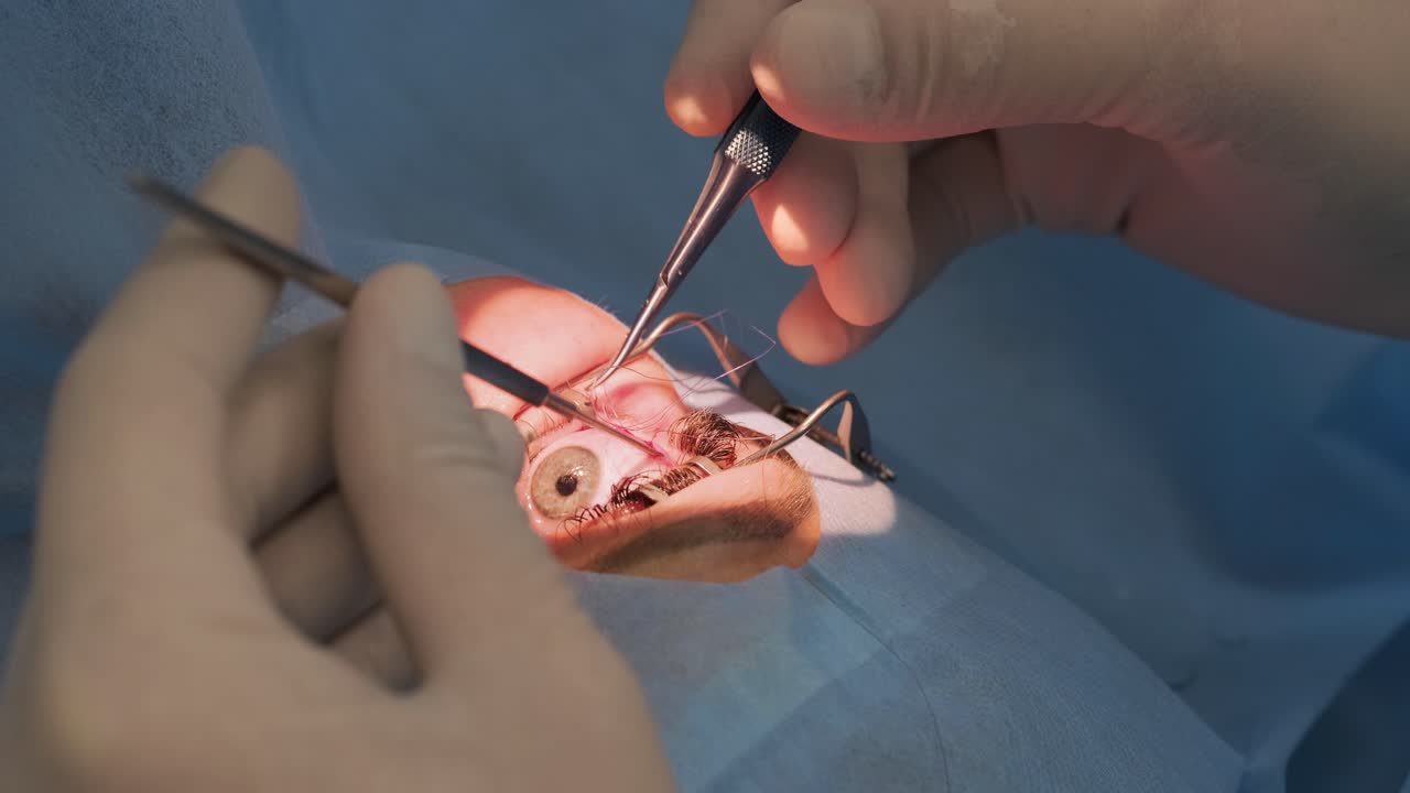 equipo de cirugía haciendo la cirugía de estrabismo utilizando tecnologías modernas, los últimos dispositivos en la clínica moderna, el cirujano cose el ojo